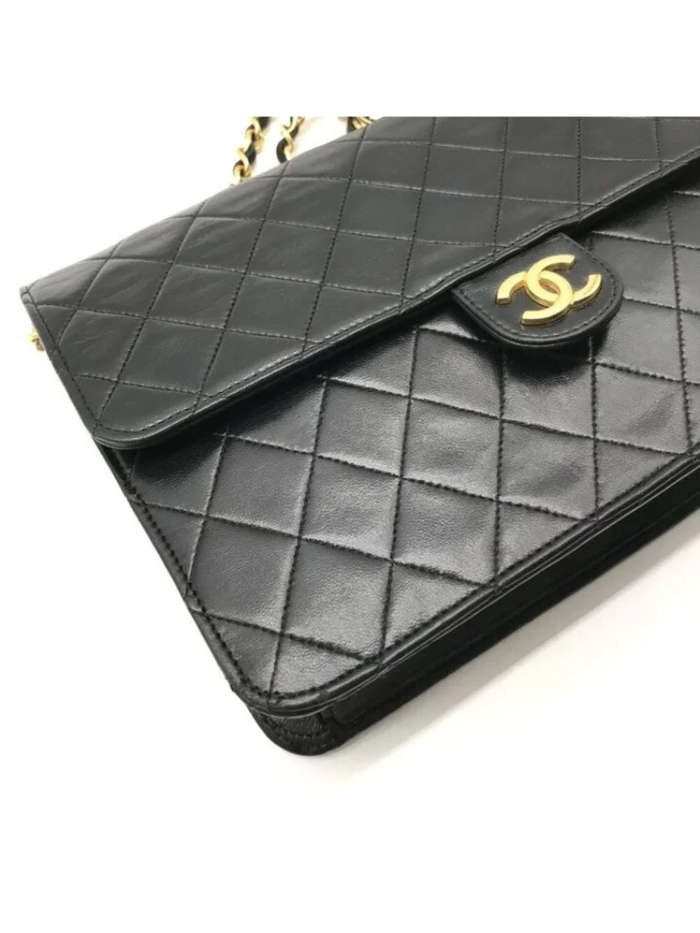 Chanel CC Logo Quilted Push Lock Lambskin Chain Shoulder Bag Black